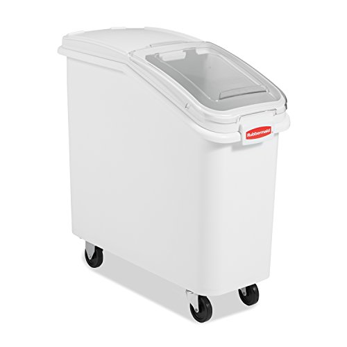 Rubbermaid Commercial Products ProSave Shelf-Storage Ingredient Bin With Scoop, 400-cup capacity, Plastic, White, Sliding Lid, Container with Wheels for Kitchen/Restaurant Food Organization