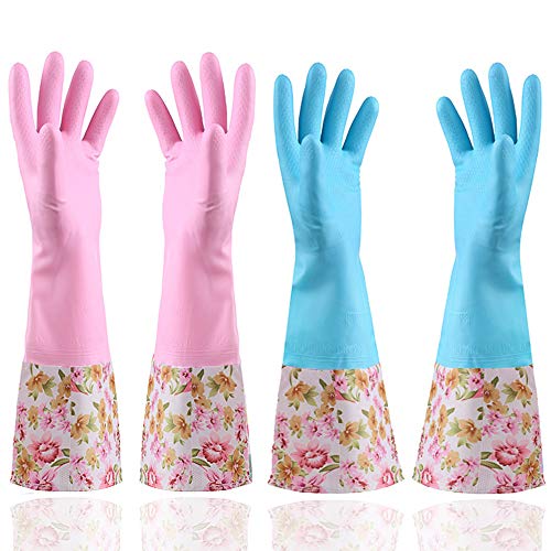 Rubber Latex Waterproof Dishwashing Gloves, 2 Pair Medium Long Cuff