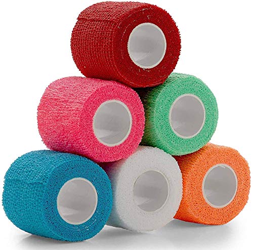 Vet Wrap - (Pack of 6-2 inch x 5 Yard Rolls) Self Adherent Wrap Cohesive Compression Bandage and Medical Gauze Bandage Roll Tape - Assorted Colors