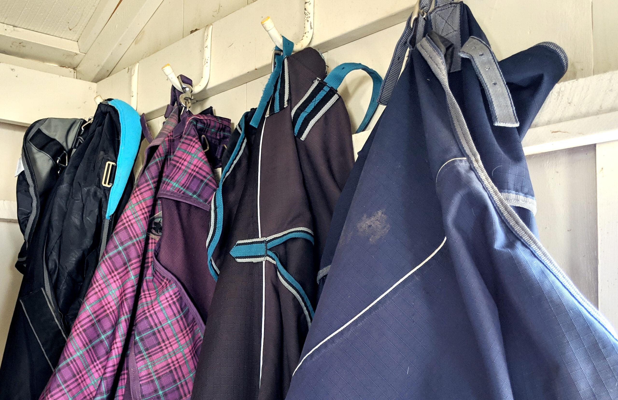 four horse blankets on large hooks at the top level of a tack room