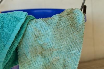 bucket with dirty cloths hanging on the side
