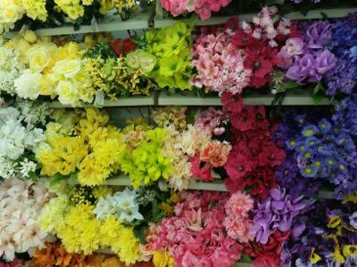 wall of fake flowers