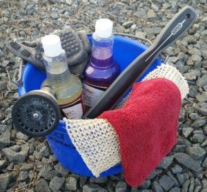 horse bathing tools and shampoo in a bucket