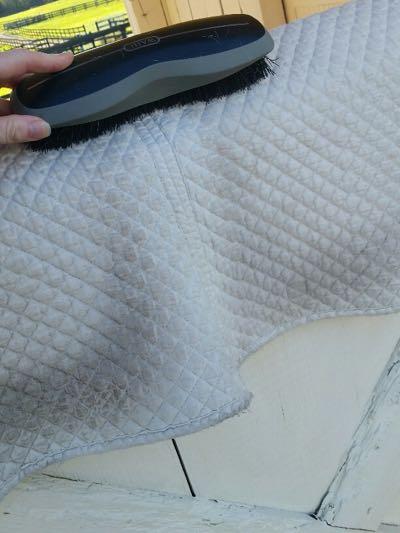 dirty saddle pad being brushed