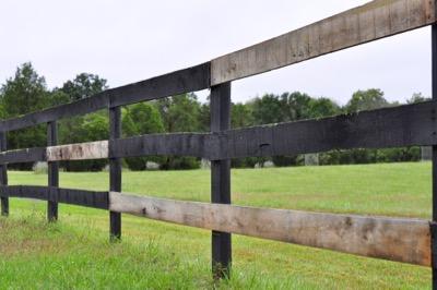 black fence with new unpainted boards