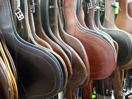 hanging rack of girths with belly guards