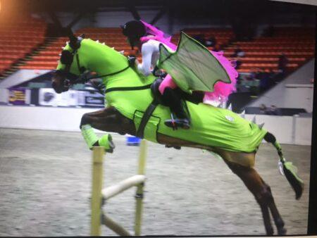 horse jumping a fence dressed as a dragon